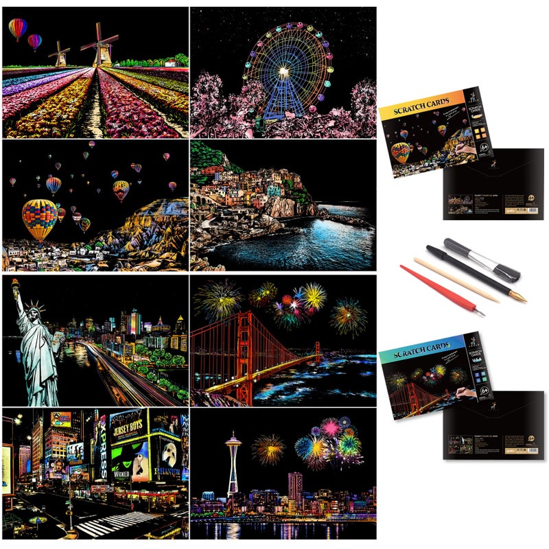 BOTEEN Scratch Rainbow Painting Art Paper Scratch & Sketch Art for Adults Scratch Painting Creative Gift Engraving Art&Craft Set Sketch Pad DIY Scratchboard with 4 Tools 11.7''x8.3''(City Series) - Image 1